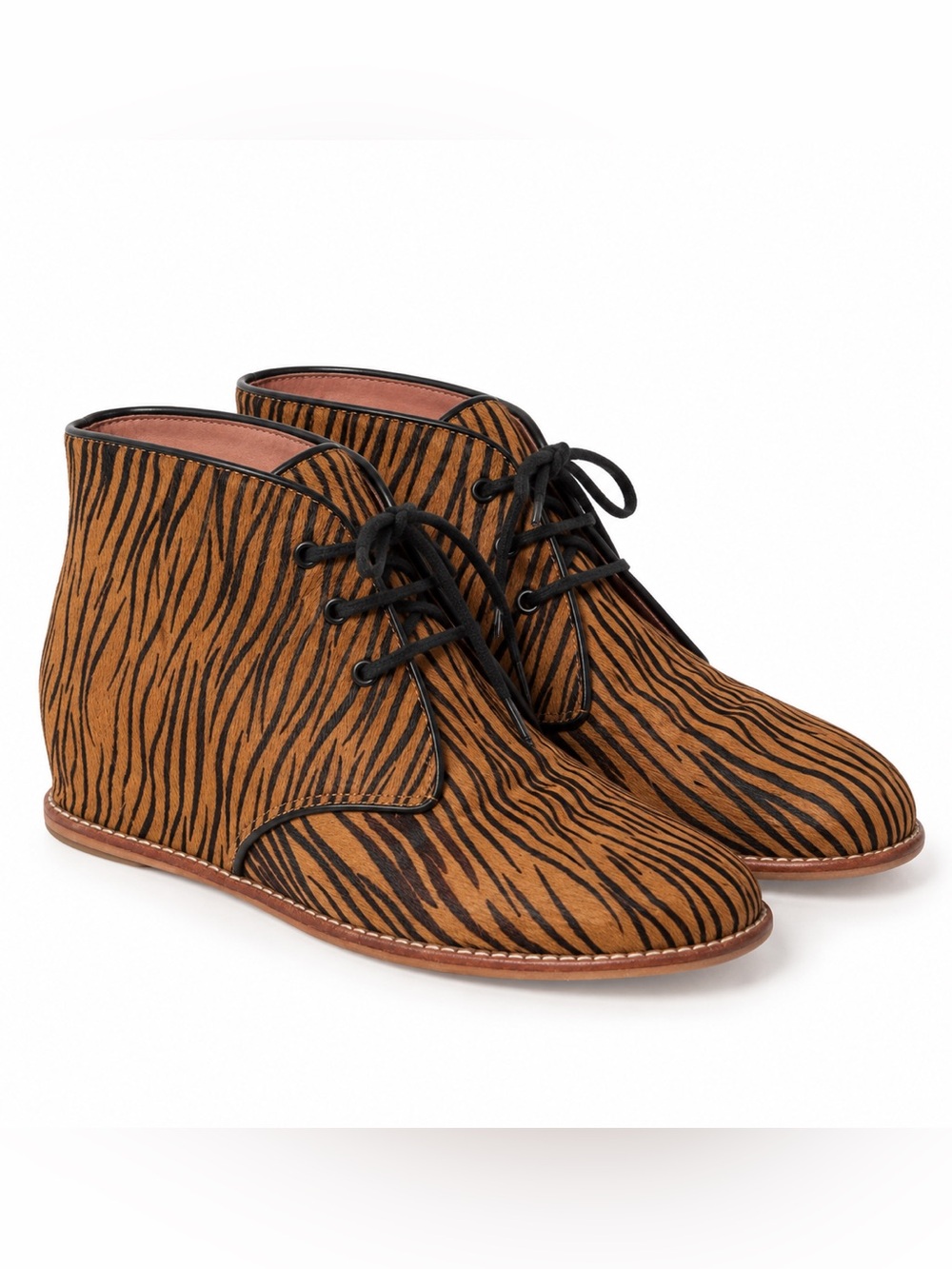 Matiko Brown and Black Tiger-Stripe Chukka Boots Wedge Heel Pony Hair